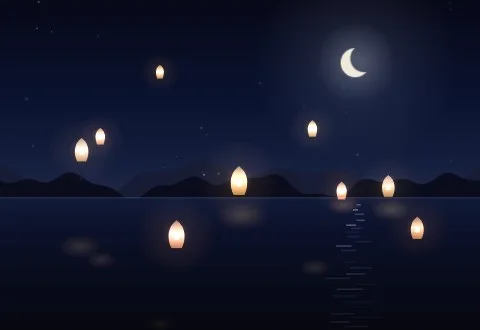 Floating Lanterns: paper lanterns rising over a dark lake