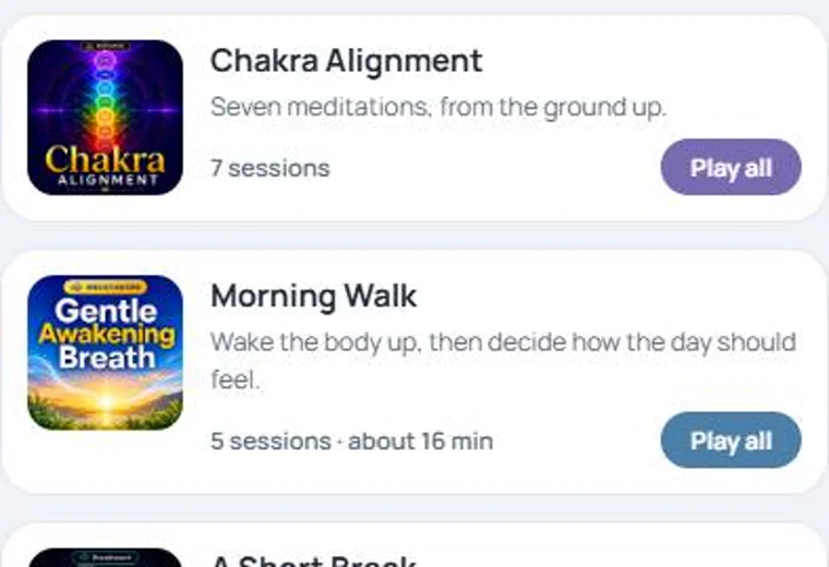 The Programs list: Chakra Alignment and Morning Walk