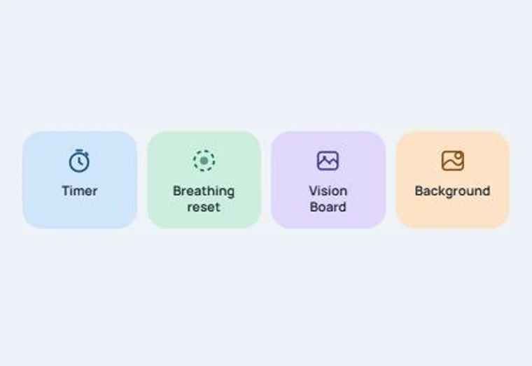 The four quick tools: Timer, Breathing reset, Vision Board and Background
